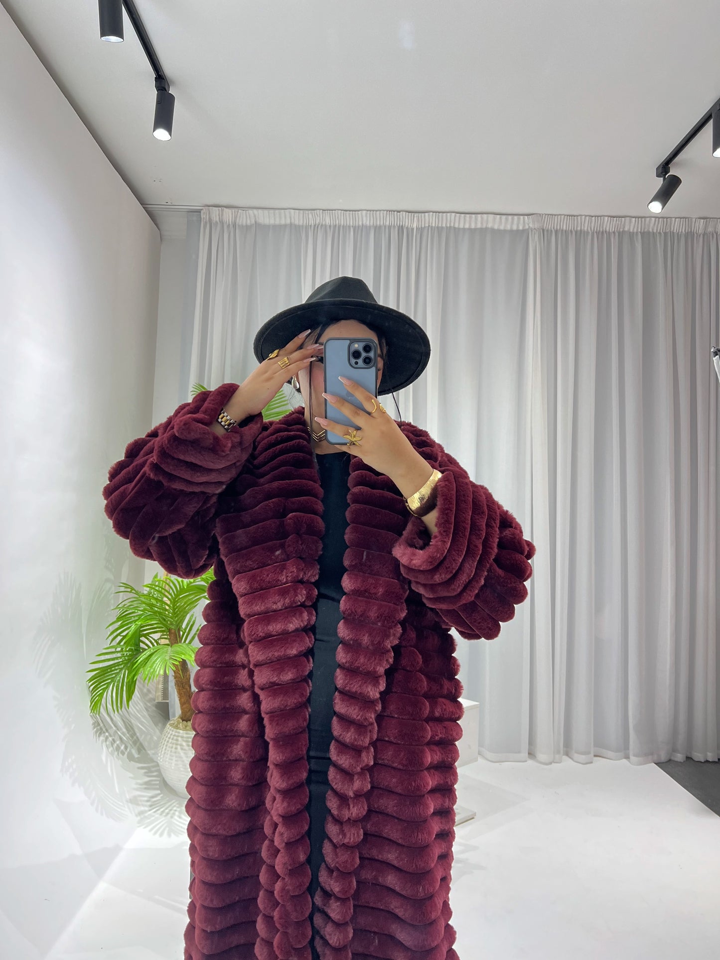 Furry Fur Coat - Burgundy