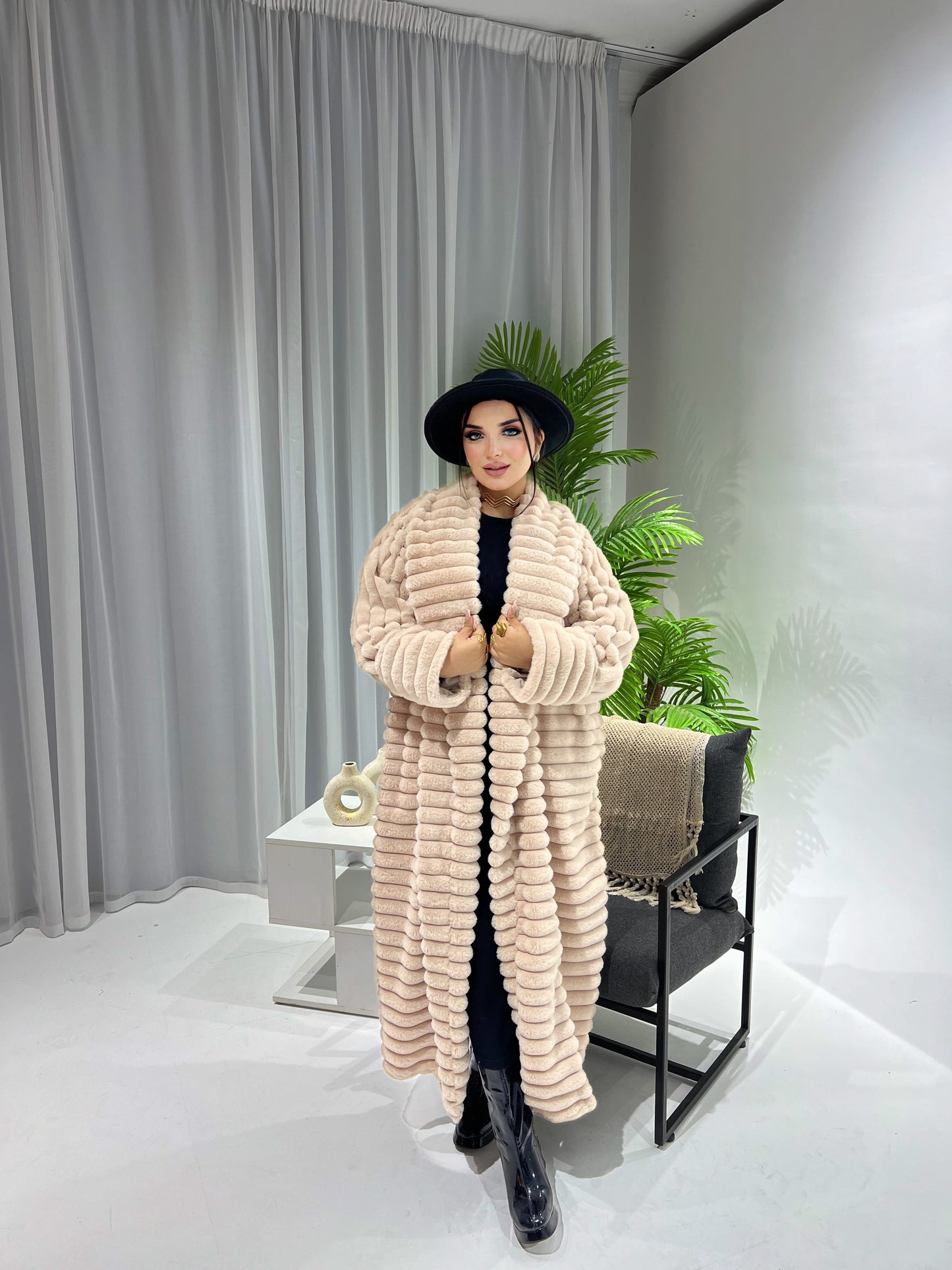Furry Fur Coat - Beige