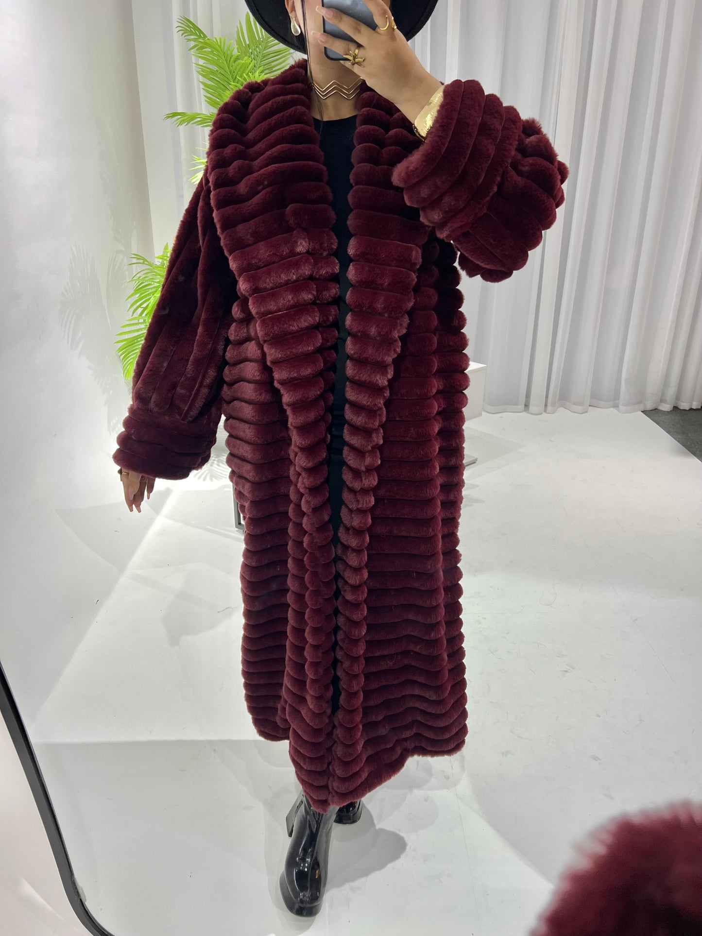 Furry Fur Coat - Burgundy