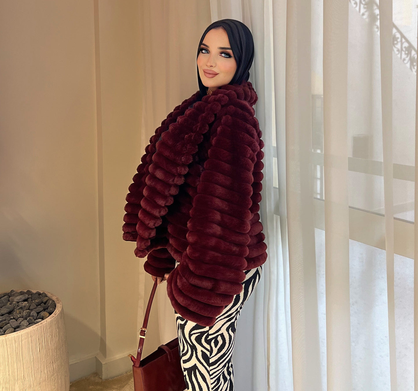 Furry Fur Jacket - Burgundy