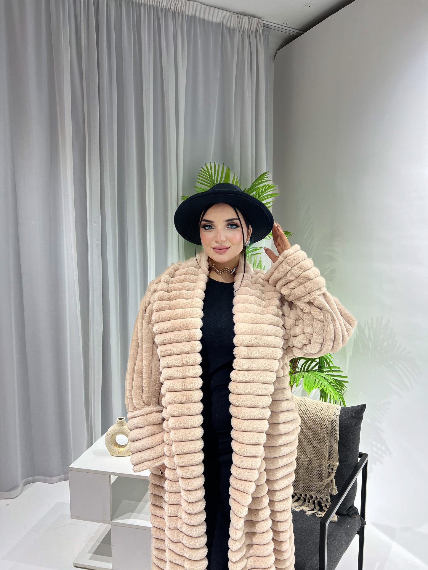 Furry Fur Coat - Beige