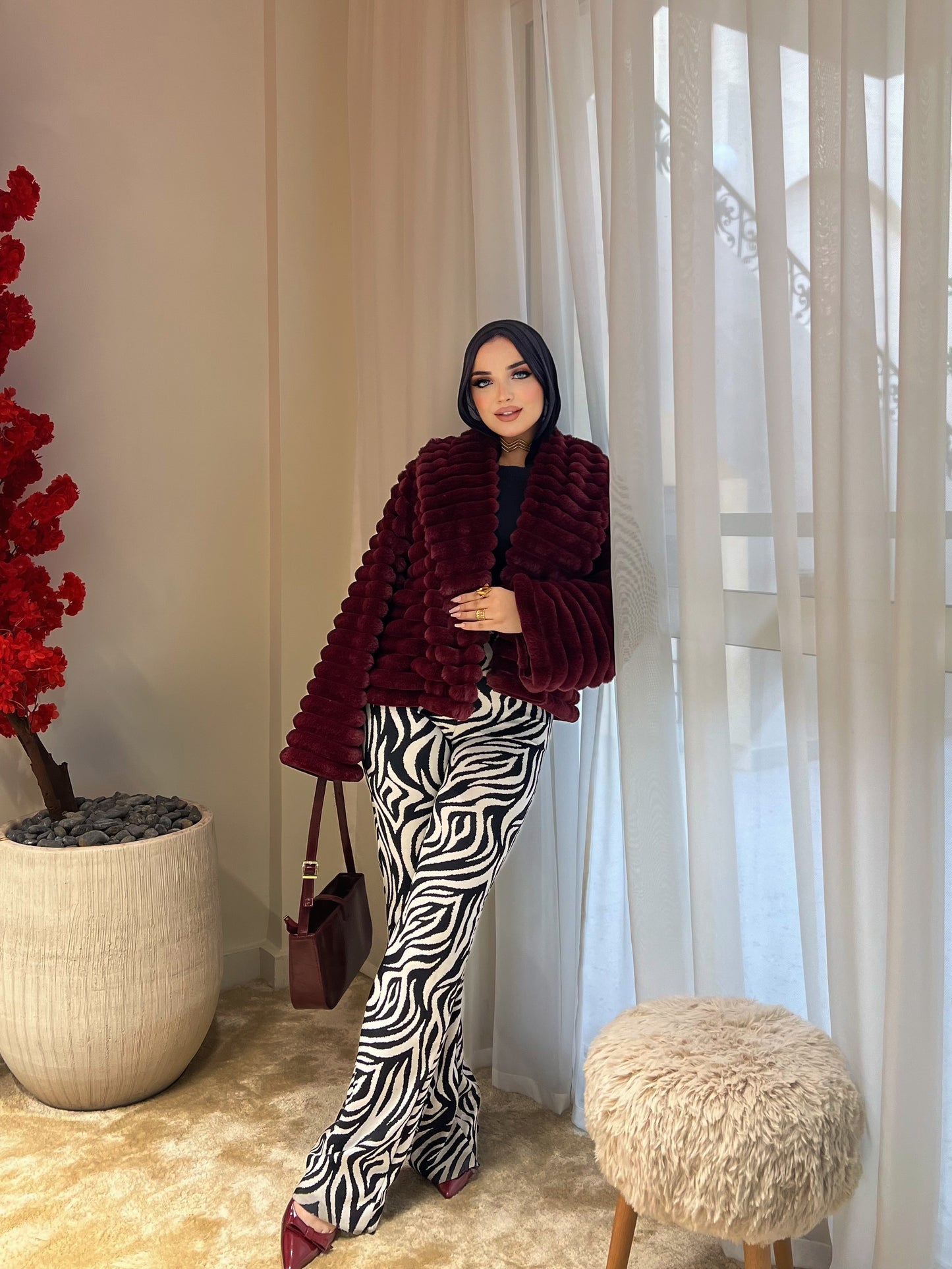 Furry Fur Jacket - Burgundy