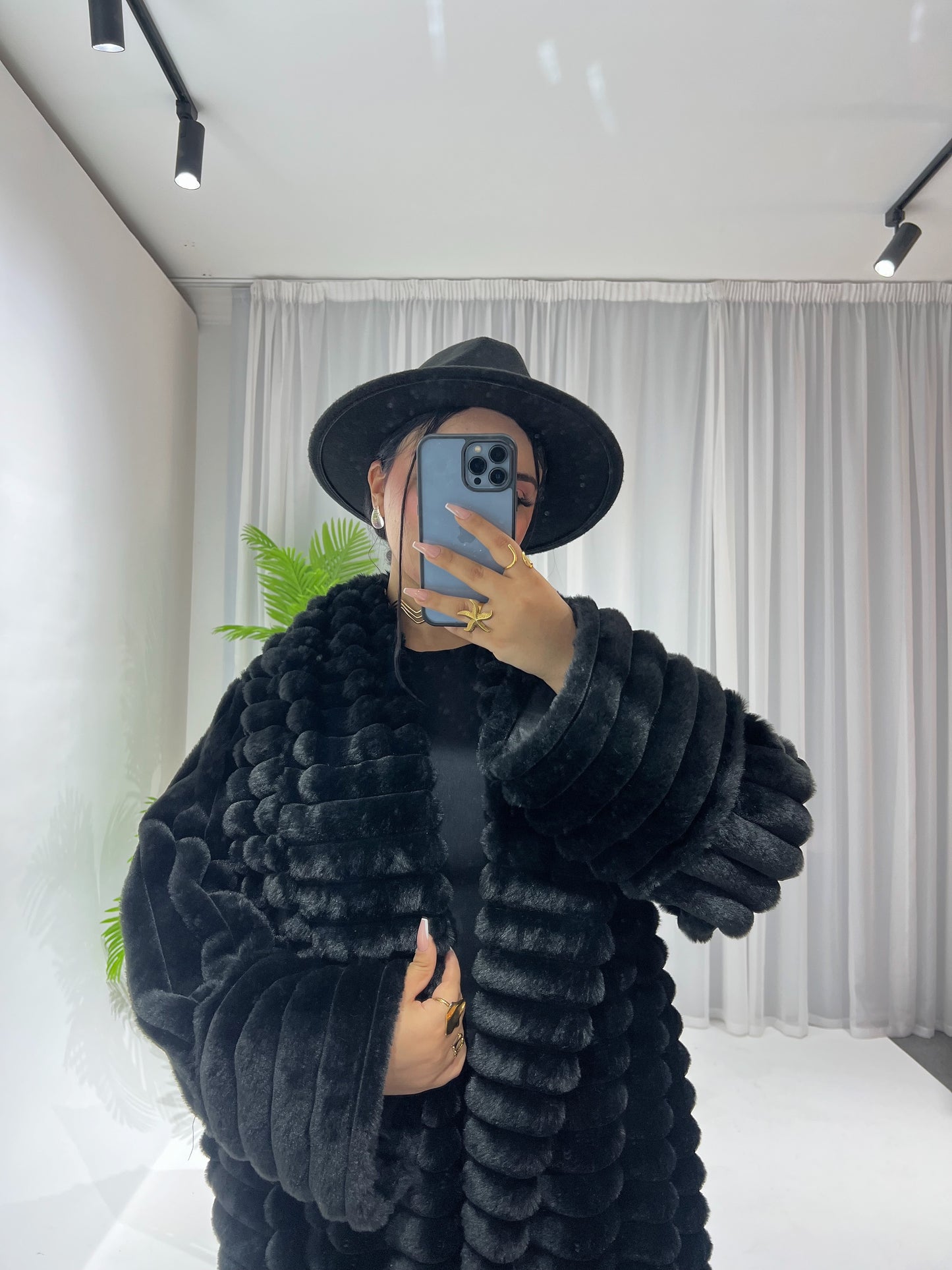 Furry Fur Coat - Black