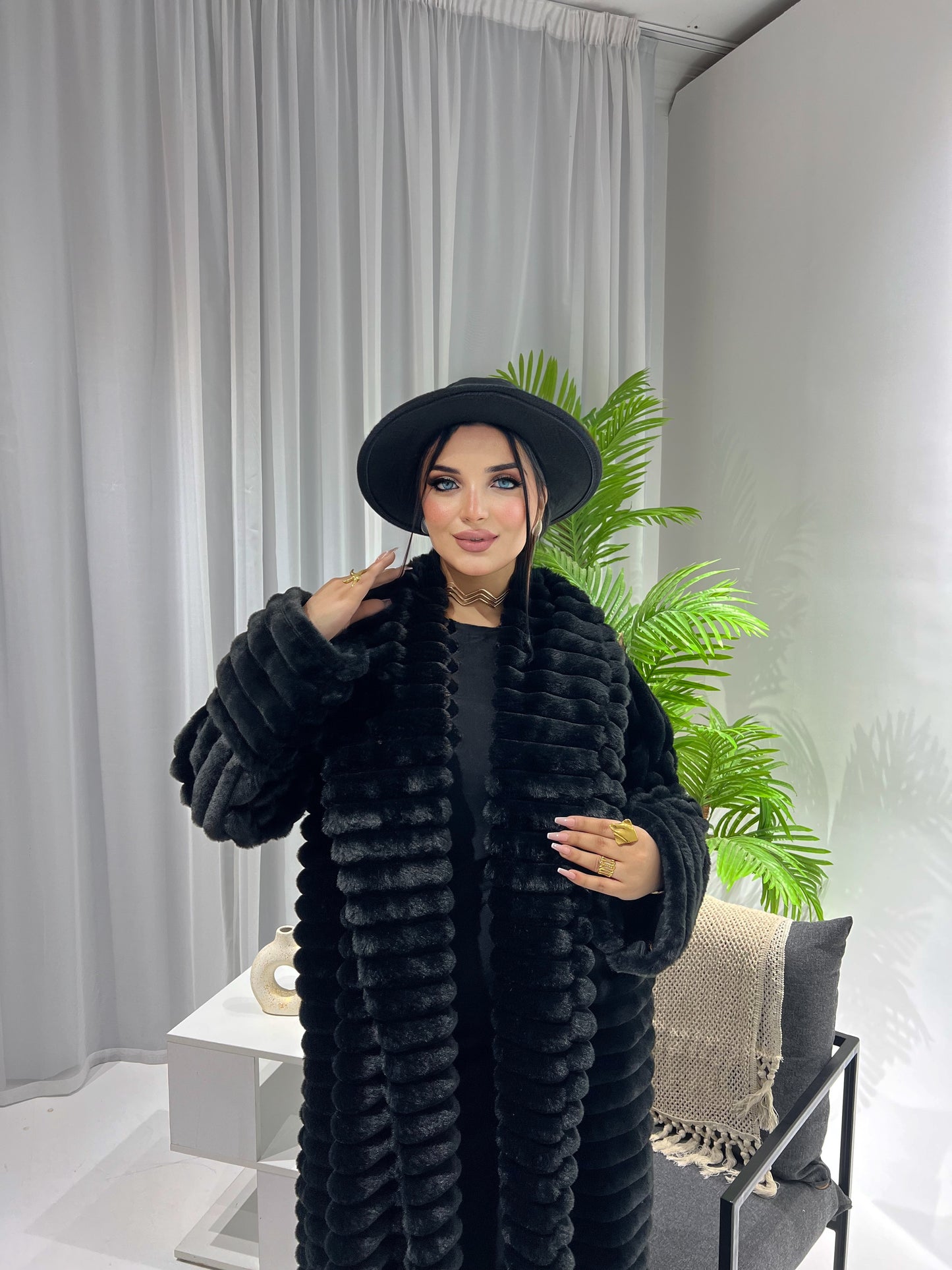 Furry Fur Coat - Black