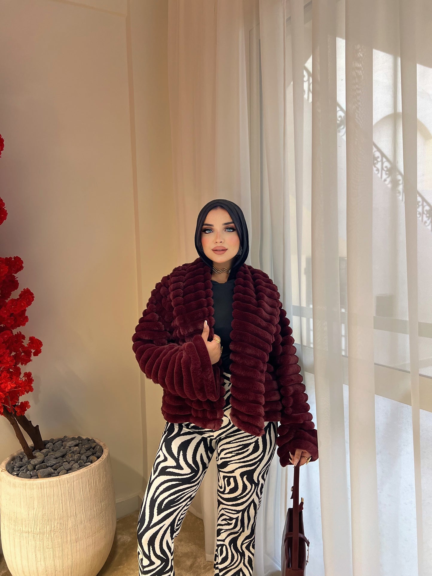 Furry Fur Jacket - Burgundy