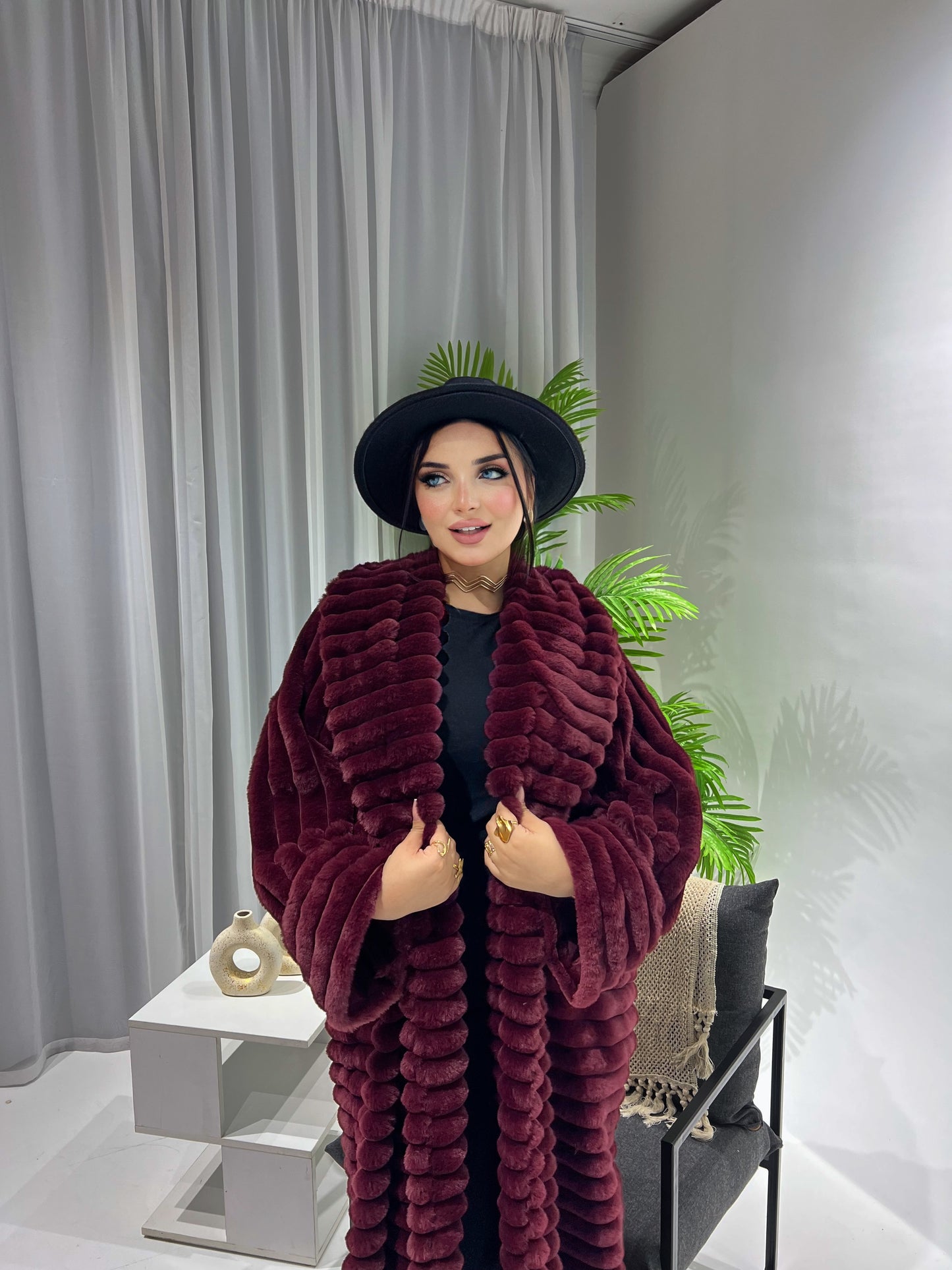 Furry Fur Coat - Burgundy