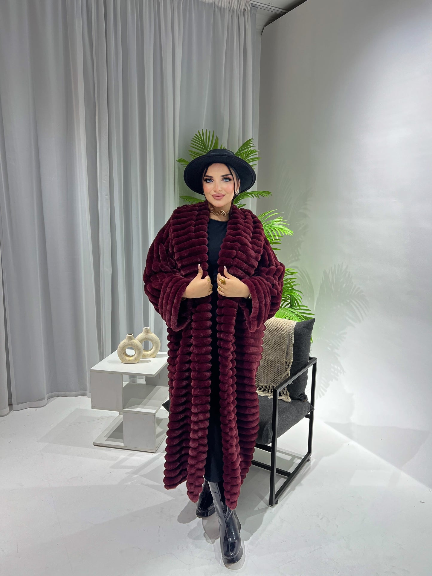 Furry Fur Coat - Burgundy